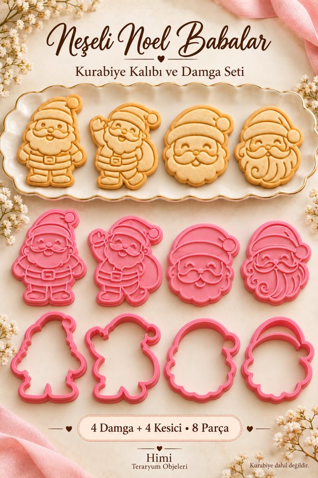 Cheerful Santa Cookie Mold and Stamp Set – New Year and Christmas, 8 Pieces