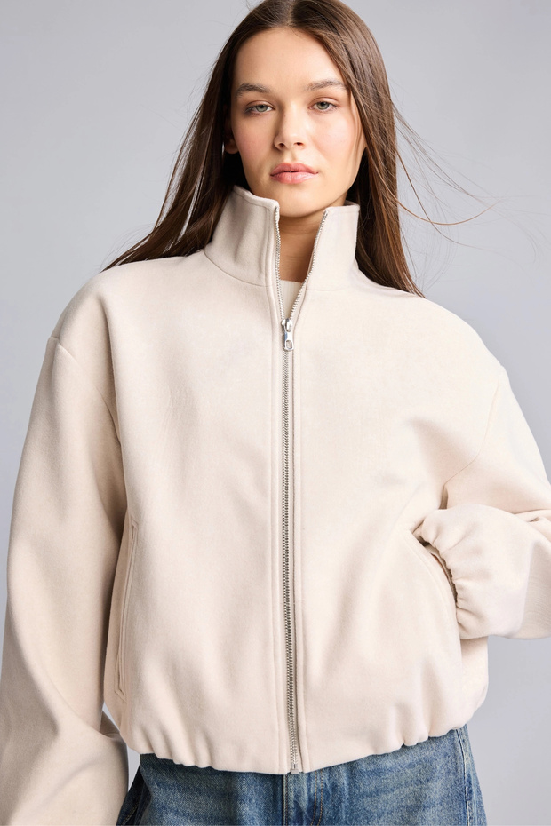 H1521Axbg644 Beige Warm Balloon Fitted Zippered Cashmere Coat