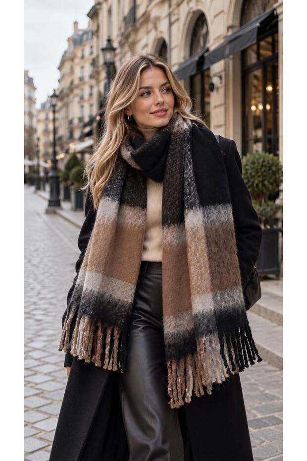 Black Plaid Patterned Soft Textured Tassel Women's Scarf Shawl