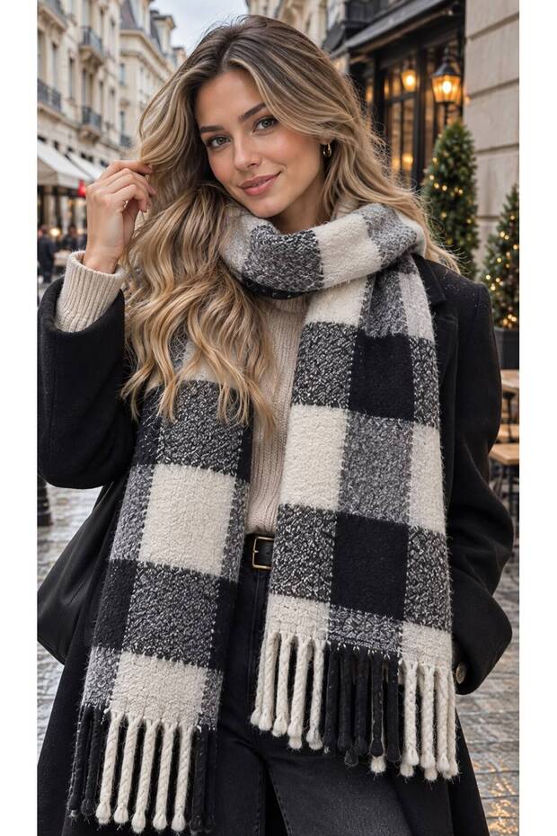 Black Square Patterned Soft Textured Tasseled Thick Scarf Shawl 210X43 cm