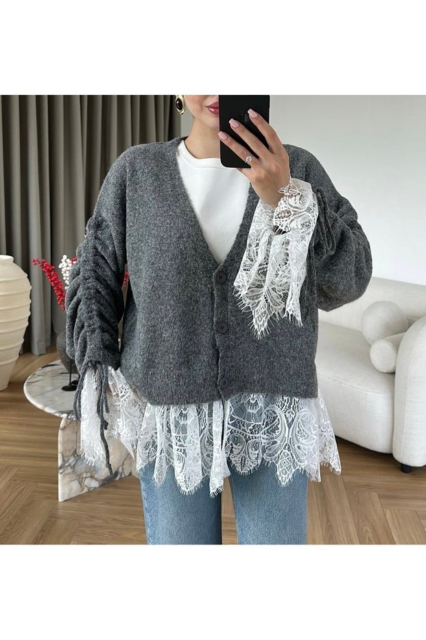 Lace Detailed Knitwear Cardigan with Gathered Sleeves - Anthracite