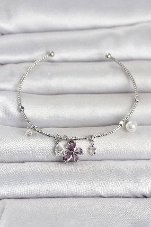 Brass Silver Color Purple Butterfly Detailed Charm Women's Bracelet