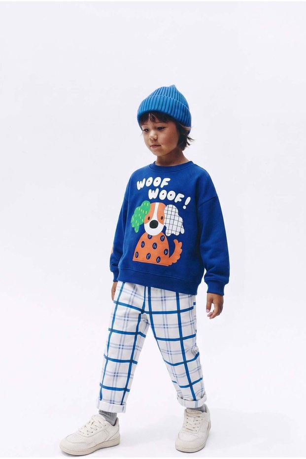 Children's Cotton Dog Printed Blue Sweatshirt and Sweatpants Set