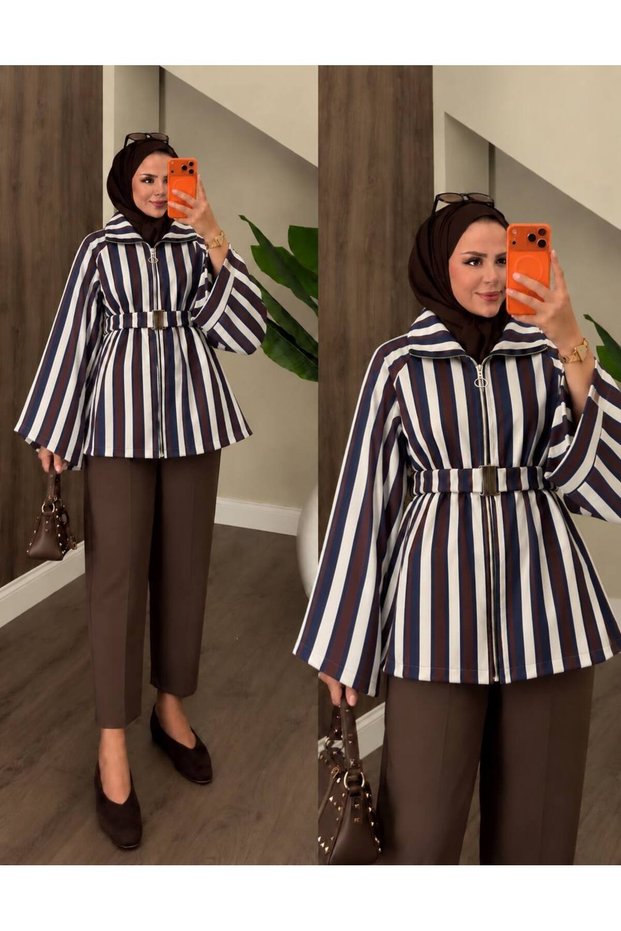 Women's Multi-Colored Hijab-Friendly High-Necked Striped Zippered Jacket with Belt