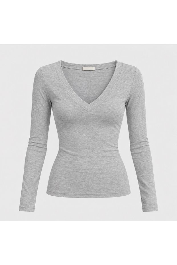 Women's Snow Melange V-Neck Fitted Slim Fit Long Sleeve Basic Tshirt