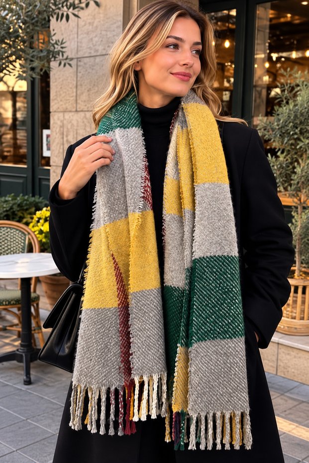 Colorful Macaroni Square Patterned Tassel Scarf - 9