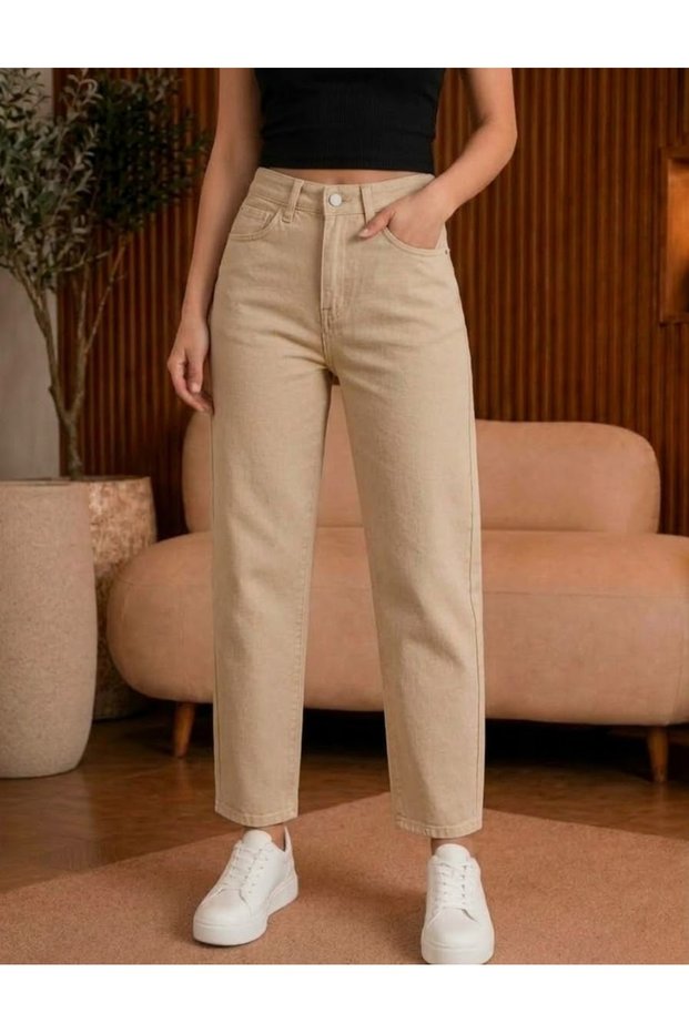 Women's Beige High Waist Lycra Mom Jean Pants