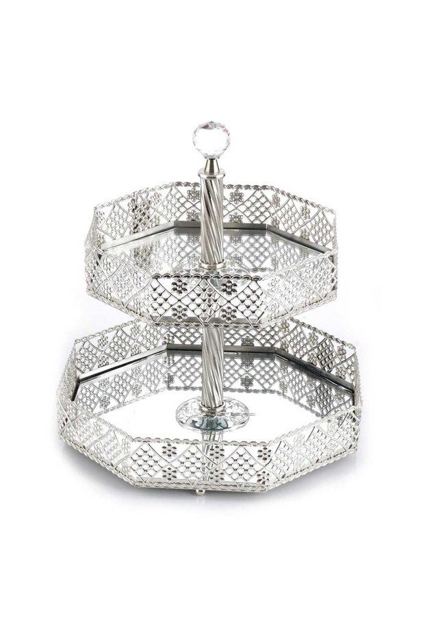 Two-Tier Cookie Holder Hexagonal Round Metal Silver 25 cm / 20 cm