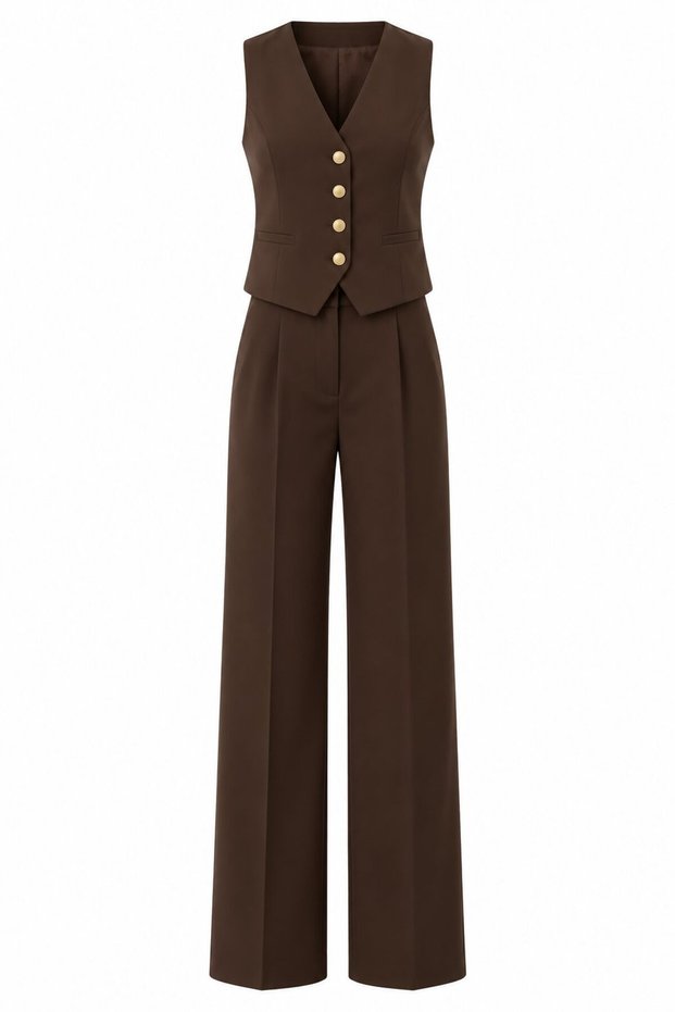 Brown Gold Button Polyviscon Fabric Vest Suit - 2Y0375