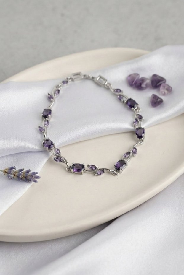 Brass Silver Color Purple Zircon Stone Flower Model Women's Bracelet