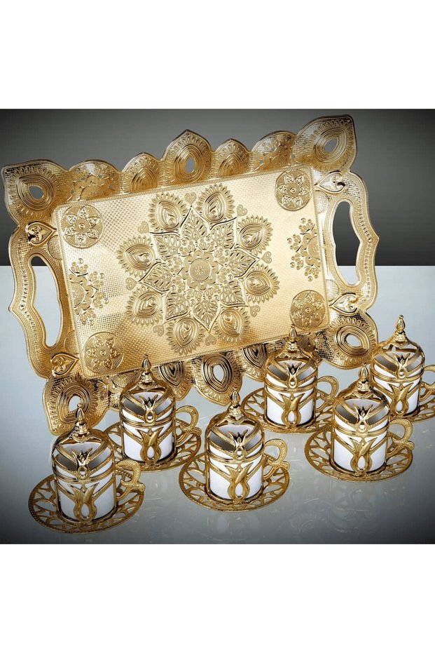 Turkish Coffee Cup Set with Tulip Pattern Metal Gold
