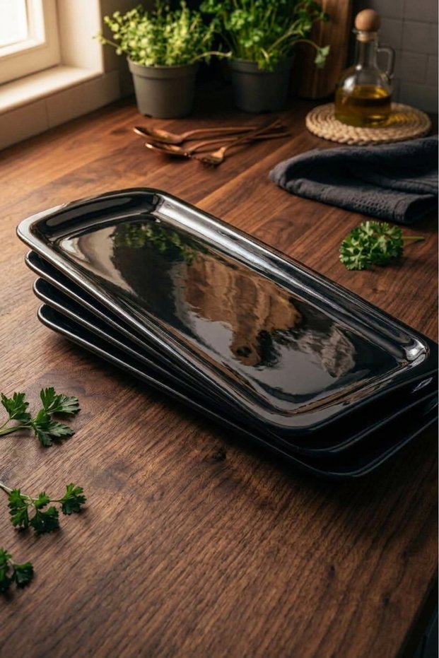 6 Pcs 47X15 cm Long Black Melamine Chicken Presentation Plates | Kebab, Pasta, Appetizer Serving Plate