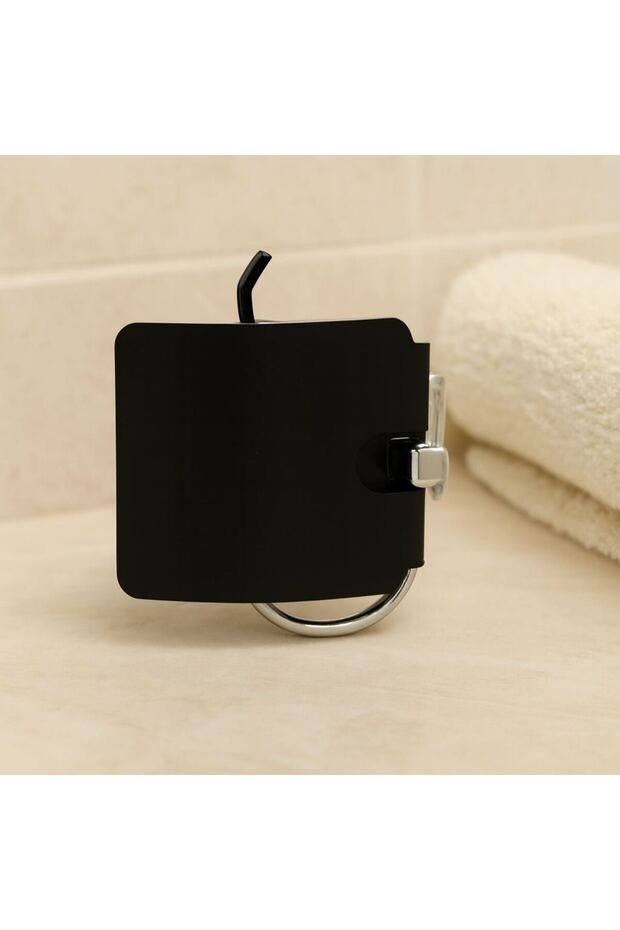 Black Metal Adhesive Wide-Cover Toilet Paper Holder