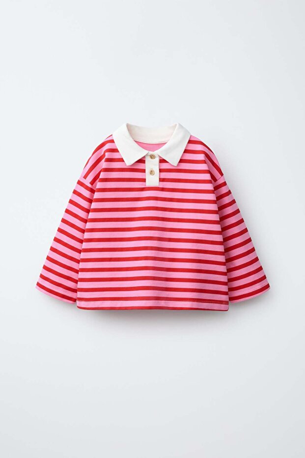 Girl's Cotton Polo Collar Pink Striped Sweatshirt
