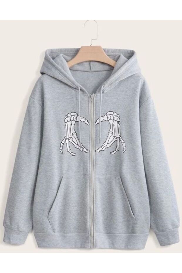 Unisex Gray 3 Thread Threaded Oversize Hooded Sweatshirt Basic Comfortable Cut