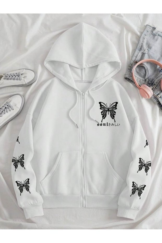 Unisex White Relaxed Fit Hooded Kangaroo Pocket Thick Sweatshirt