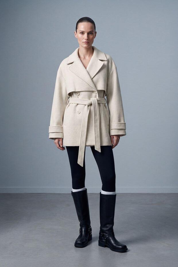 Women's Short Cashmere Coat with Sleeve Cuff Detail 32542