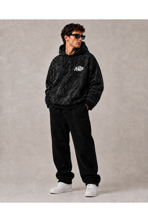 Unisex Anthracite Acid Wash Vintage Hooded Sweatshirt Comfortable Fit Hoodie