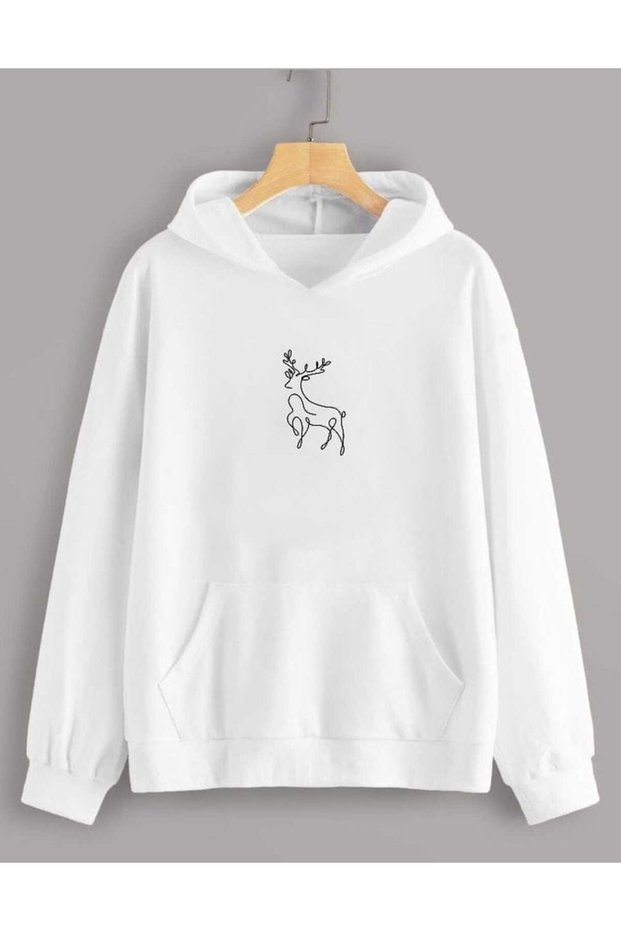 Unisex White Off-Shoulder Oversize Hooded Casual Sweatshirt with Kangaroo Pocket