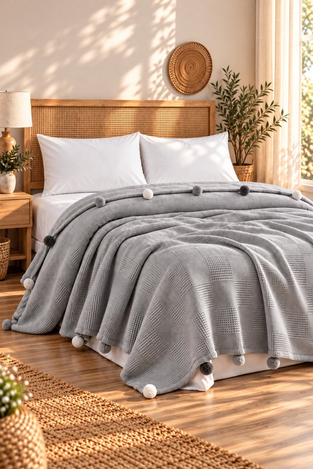 100% Cotton Double Pompom Pique 240X260 cm | Gray