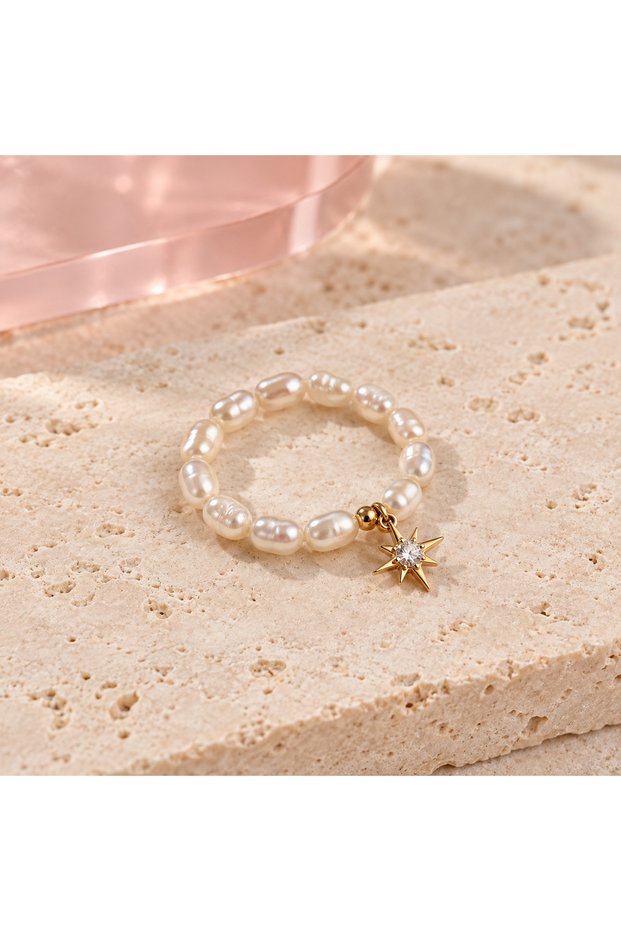 Pearl Charm Ring - Crystal Star
