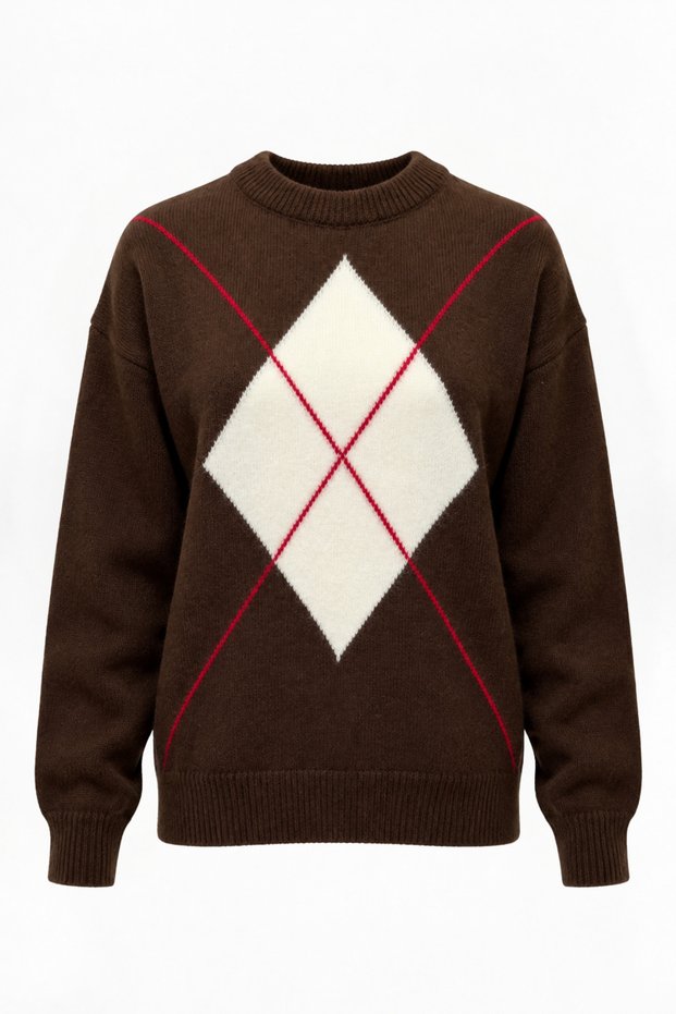 Women's Bitter Brown Diamond Patterned Crew Neck Soft Textured Sweater