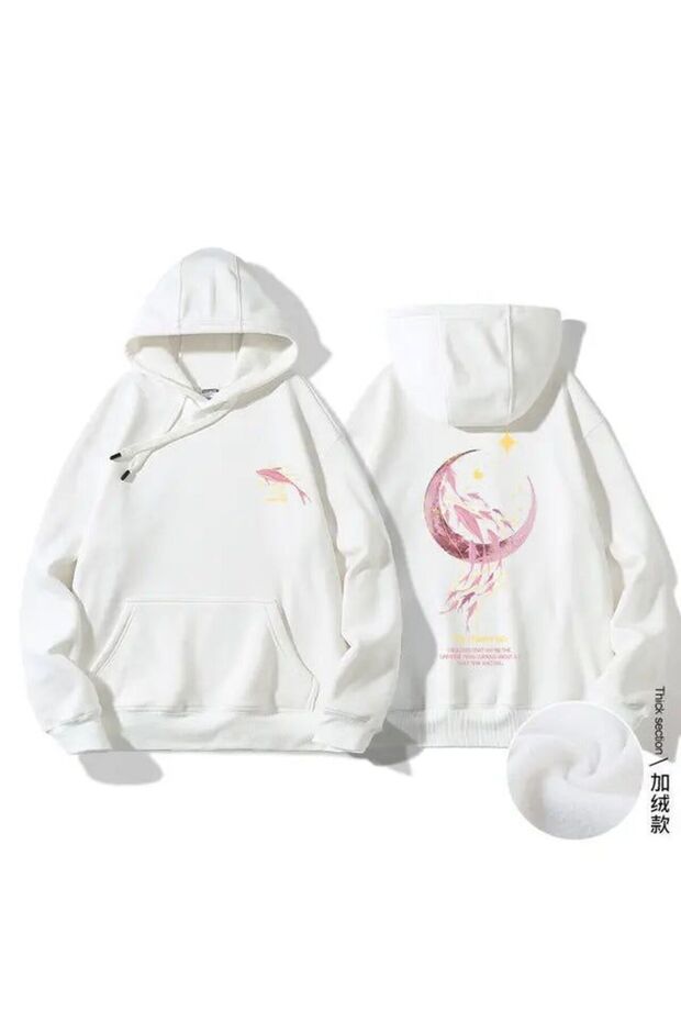 Unisex White Loose Fit Hooded Sweatshirt with Inner Pockets, Warm Hoodie