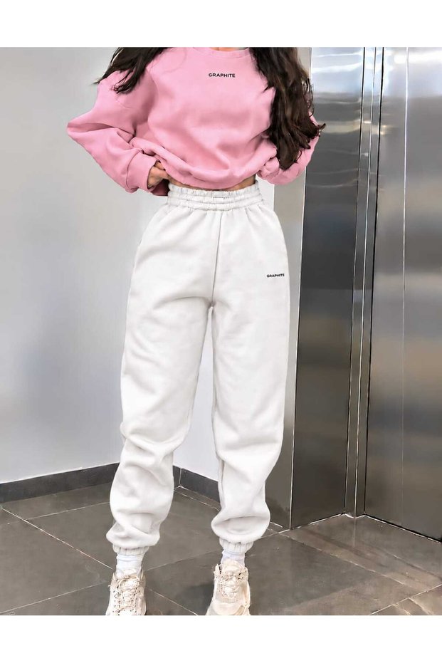 Women/Men Graphite Custom Printed Cotton Oversize Jogger Crewneck Sweatshirt Bottom Top Set