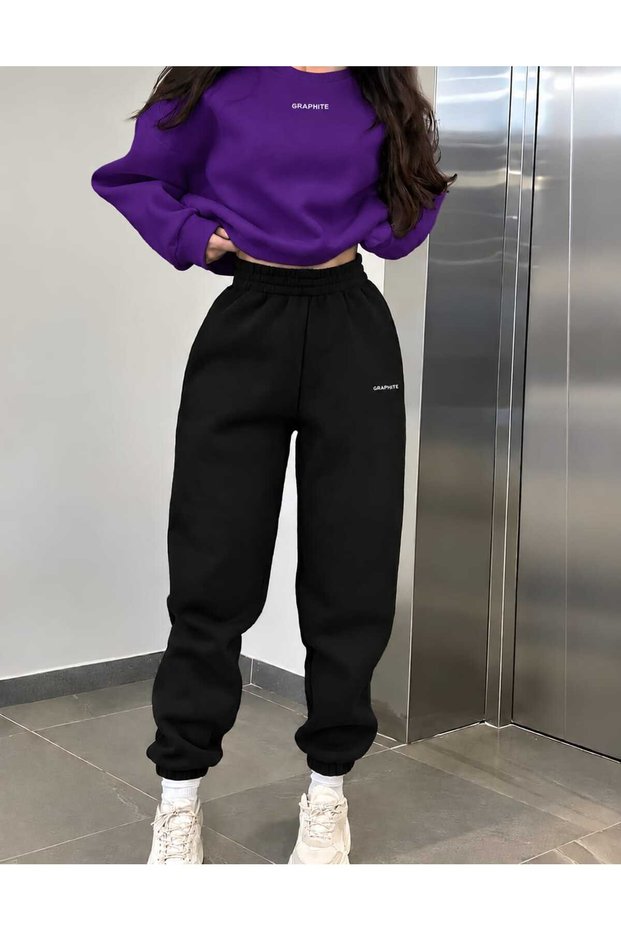 Women/Men Graphite Custom Printed Cotton Oversize Jogger Crewneck Sweatshirt Bottom Top Set