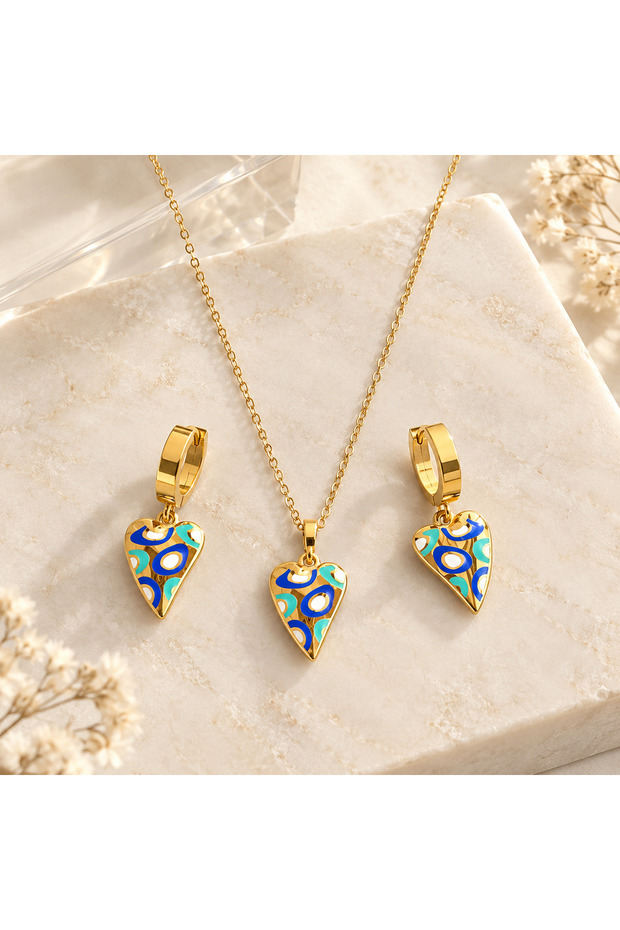 Blue Enamel Heart Jewelry Set