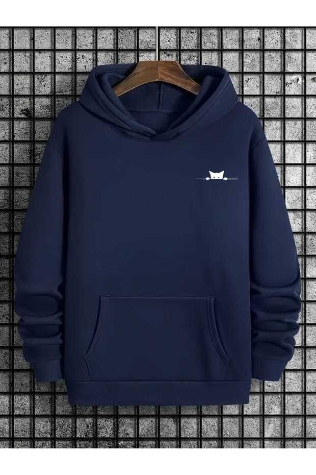 Unisex Navy Blue Casual Cut Hooded Sweatshirt with Inner Lining Warm Hoodie