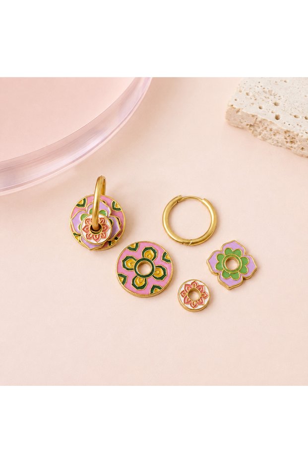 Pink & Green Floral Layered Earrings