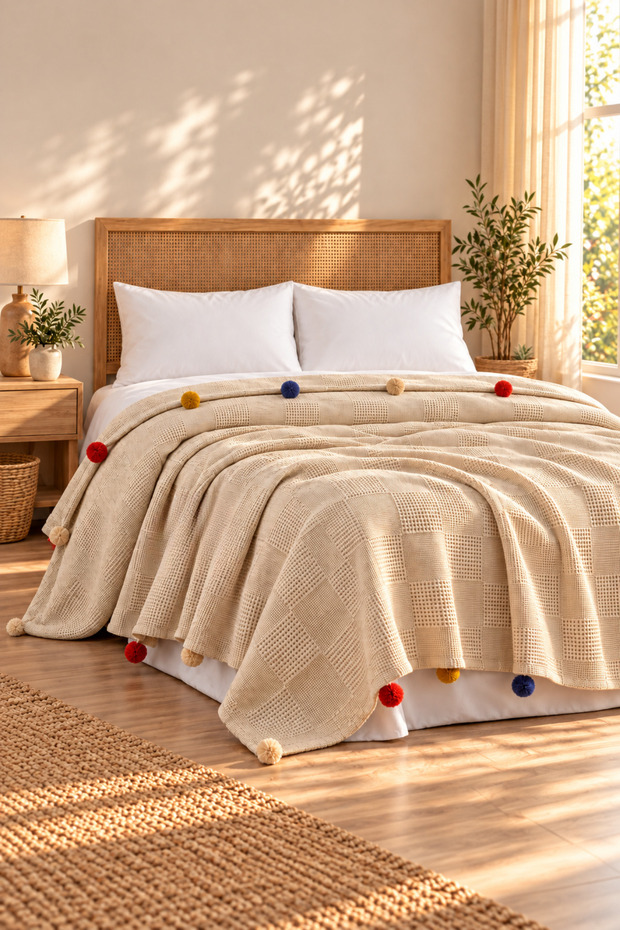 100% Cotton Double Pompom Pique 240X260 cm | Beige