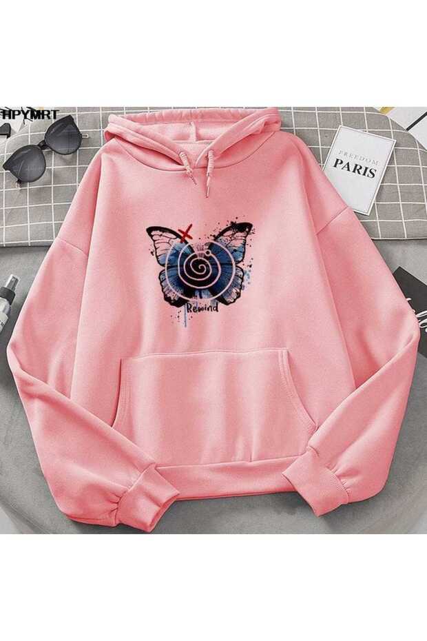 Unisex Pink Off-Shoulder Oversize Hooded Casual Sweatshirt with Kangaroo Pocket