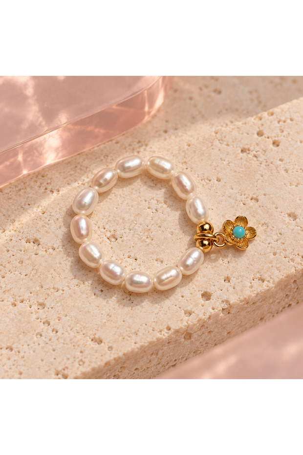 Pearl Charm Ring - Turquoise Flower