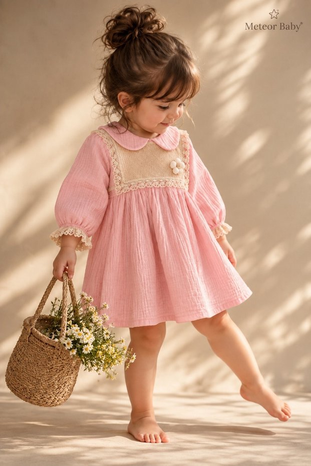 Baby Girl Dress - Floral Detailed Lace Collar Muslin Dress 6 9 12 18 Months