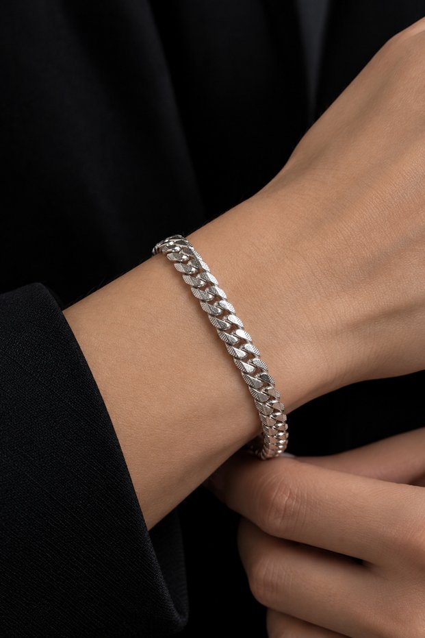 Unisex Premium Silver Chain Bracelet | Sparkling Cuban Model Stainless Steel Adjustable Bracelet