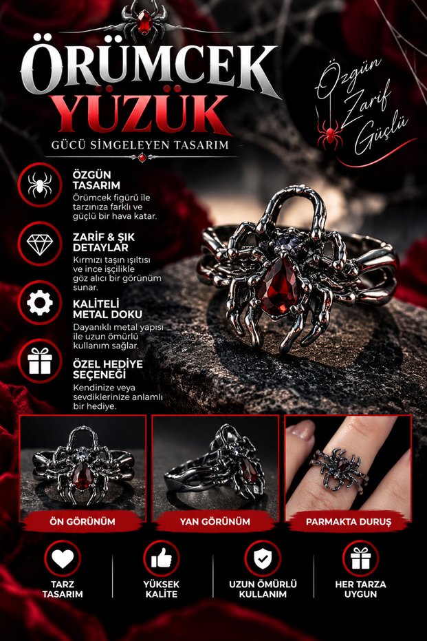 Red Stone Spider Ring Unisex Gothic Design