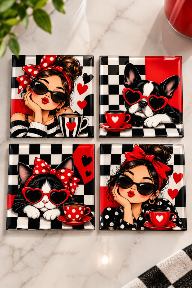 Glass Coaster | Red Black White Pop Art Themed | 4-Piece Set | 10cm X 10cm