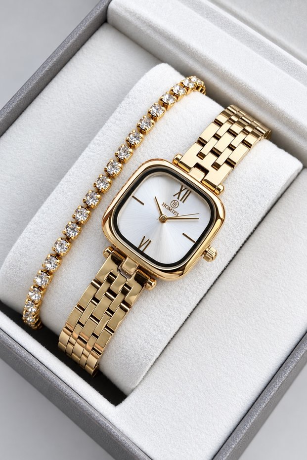 Women's Wristwatch Gold Steel Band Silver Dial 24 mm – with Box, Waterway Bracelet Gift.