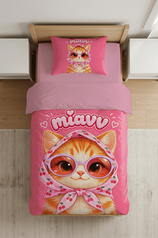 Fancy Cat Patterned Single Girl's Duvet Cover Set - with Sheets