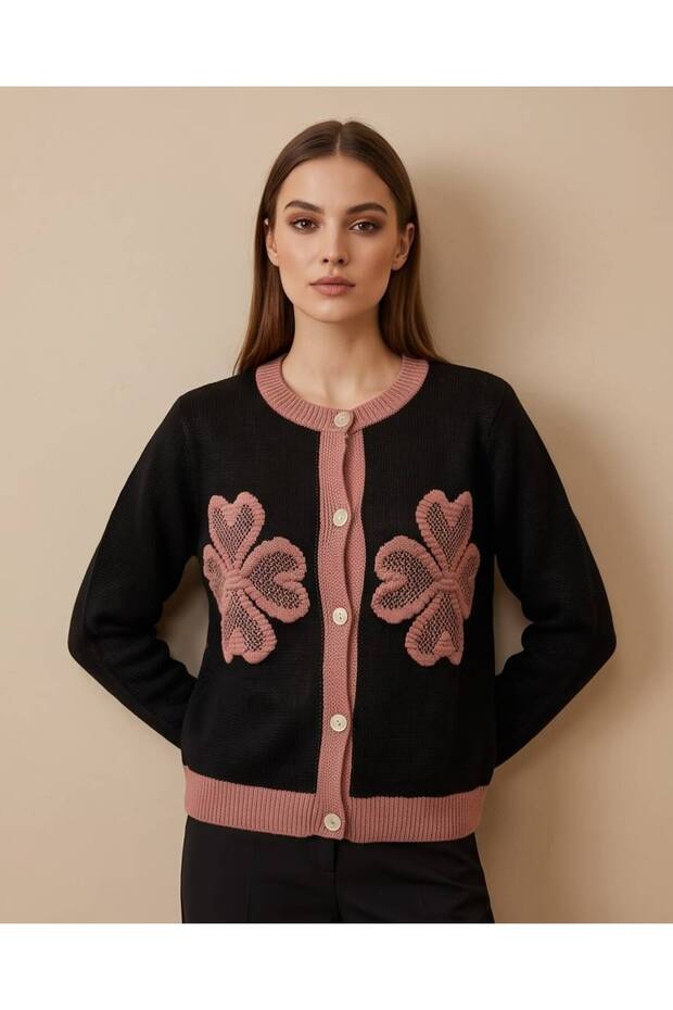 Women's Floral Motif Embossed Embroidery Detailed Buttoned Knitwear Cardigan