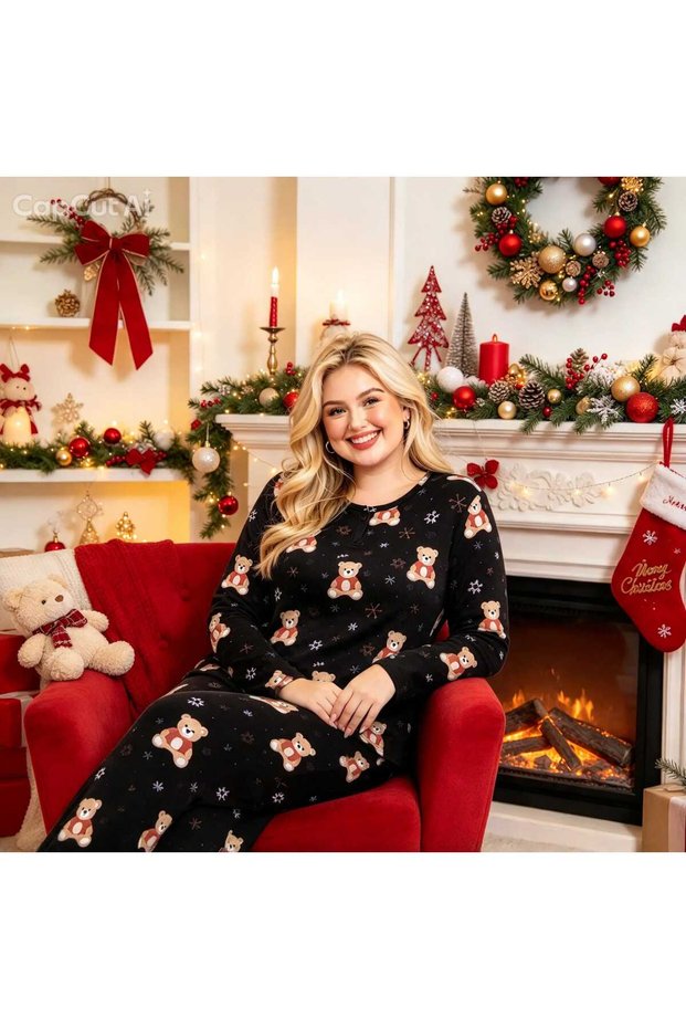 Plus Size Christmas Pattern Crew Neck Thermal Ultra Soft Fabric Women's Pajama Set (2Xl-3Xl-4Xl-5Xl)
