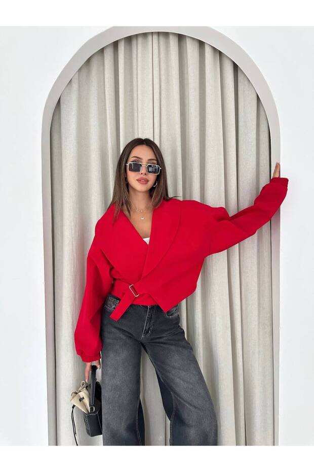 Women's Shawl Collar Short Jacket with Buckle Belt