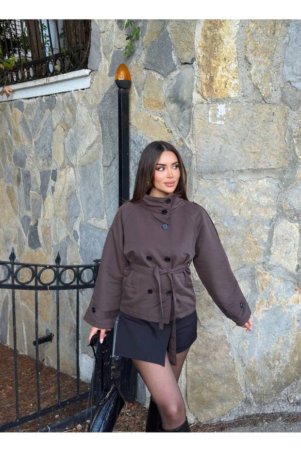 Women's Short Stand Collar Double Button Belted Trench Coat