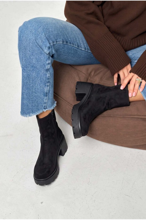 Women's Platform Thick Soled Suede Winter Zippered Black Women's Boots Geza