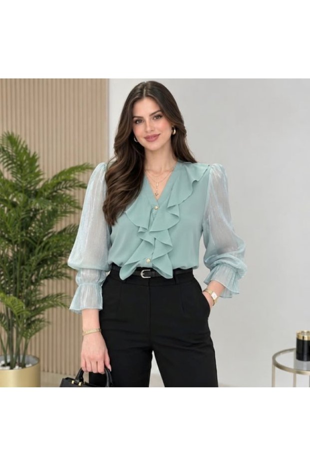 Women's Chest Ruffle Detailed Long Sleeve Shiny Transparent Shirt 27103
