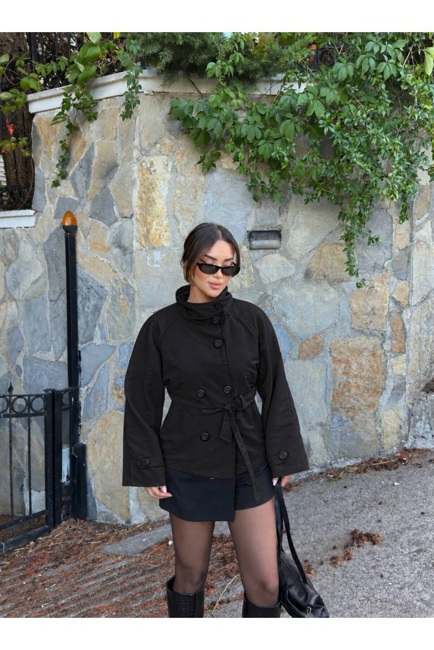 Women's Short Stand Collar Double Button Belted Trench Coat