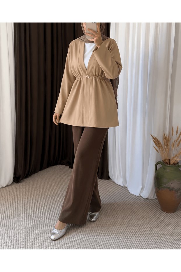 Dabıl Kimono with Additional Buttons and Elastic Waist - 5846 - Mink