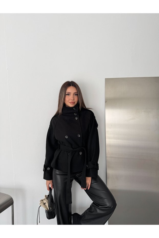 Women's Stand Collar Belted Double Button Short Cashmere Coat